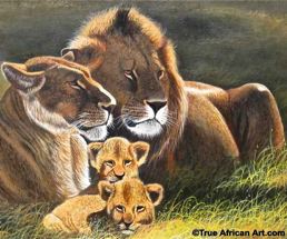 African Painting Artist Wycliffe Ndwiga -Close up of Lion Family