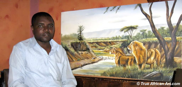Wycliffe Chagwi with his Wildlife Painting