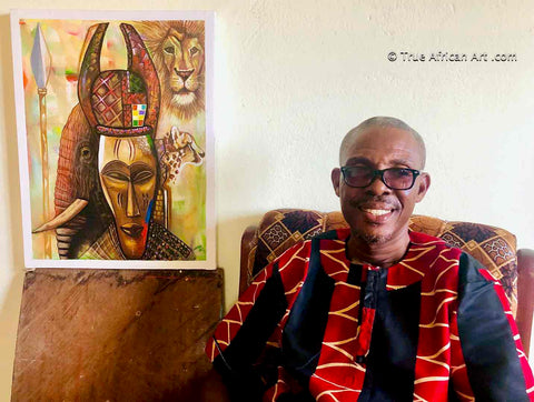 Francis Sampson from Ghana poses with one his original African paintings