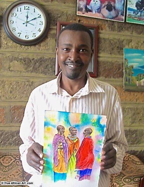 African painter Joseph Thiongo with one of his paintings on True African Art .com.