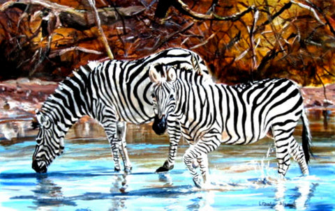 Zebras Drinking Water |  Albert Lizah  |  Kenya  |  True African Art .com