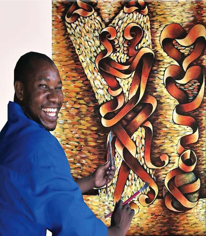 African Artist Majeshi paints thin, welded metal like pieces.