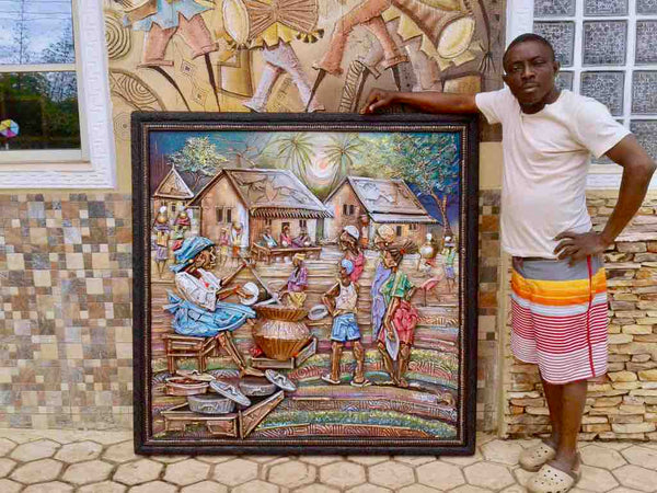 Paul Omidiran from Nigeria with one of his paintings, now sold. |  True African Art .com
