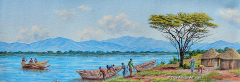 Joseph Thiongo of Kenya creates a Village by the Water in this stunning original on Canvas.