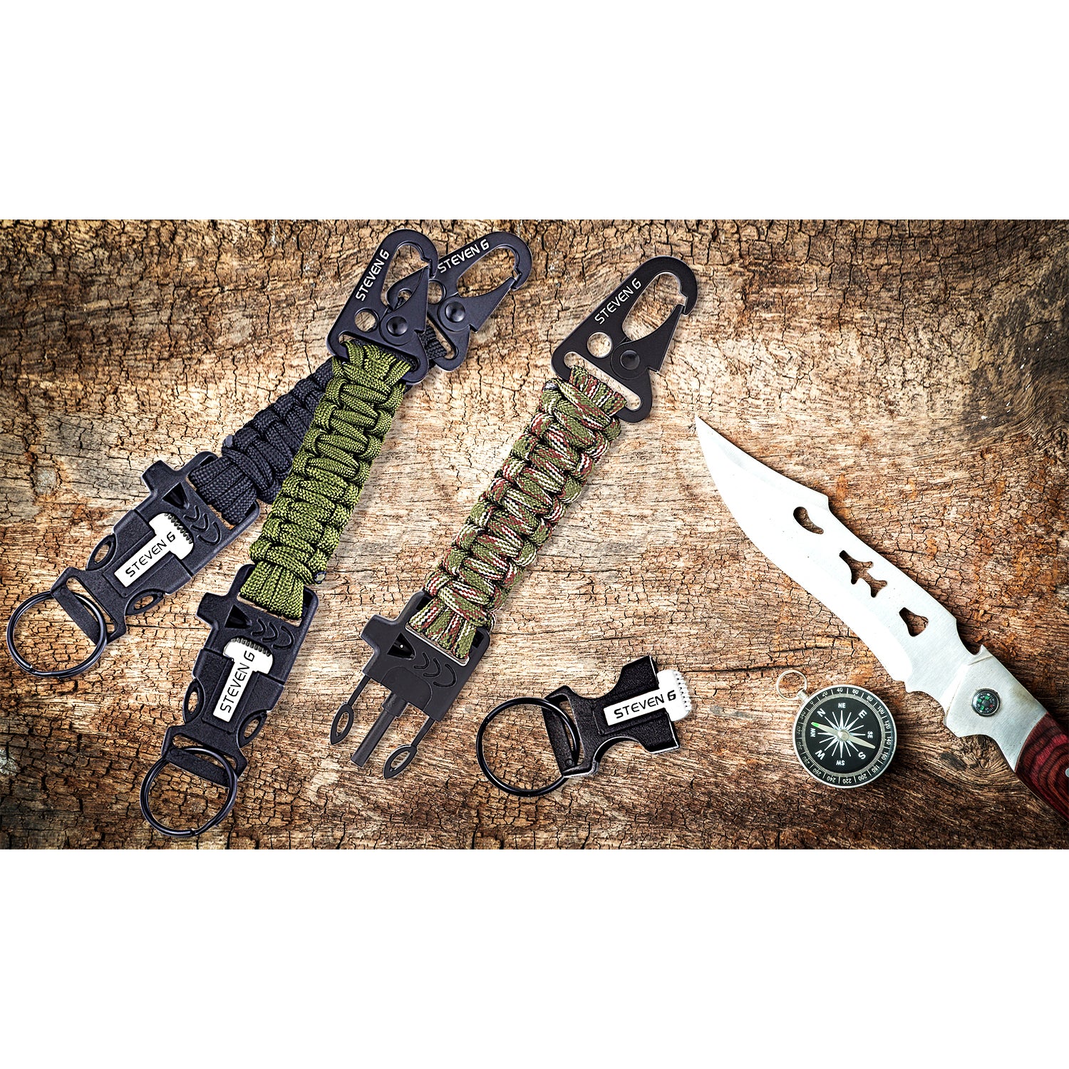 Steven G Paracord Carabiner Survival Keychain with Firestarter and Whi