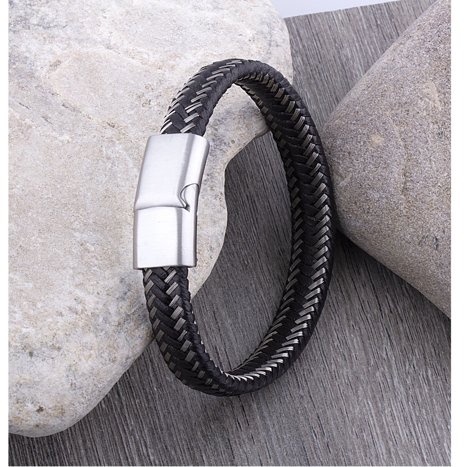 Trafalgar Simple Double Band Braided Secure Clasp Leather Bracelet - Black