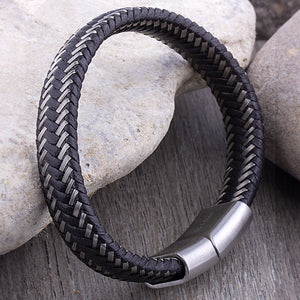Men's Stainless Steel Black Leather Bracelet Bangle - SSLB044