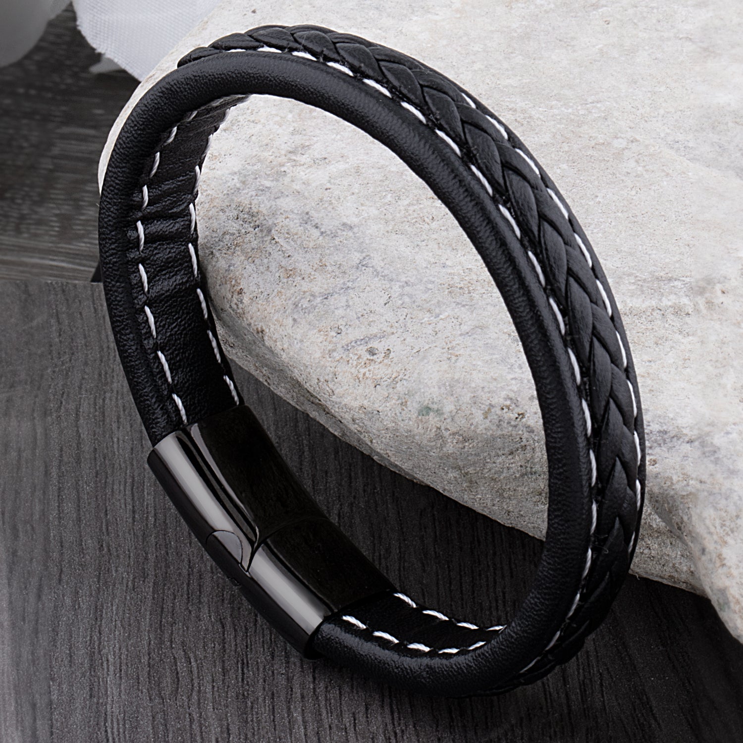 Men's Stainless Steel Black Braided Leather Bracelet with Lava Beads - SSLB133