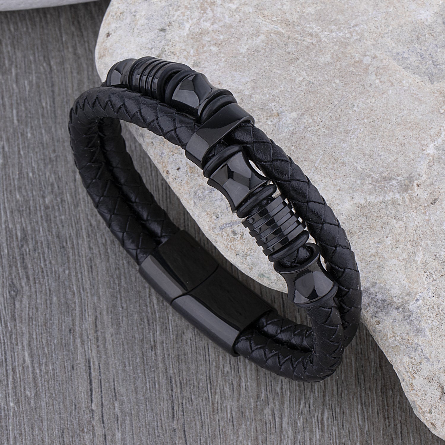 Men's Woven Stainless Steel and Black Leather Bracelet