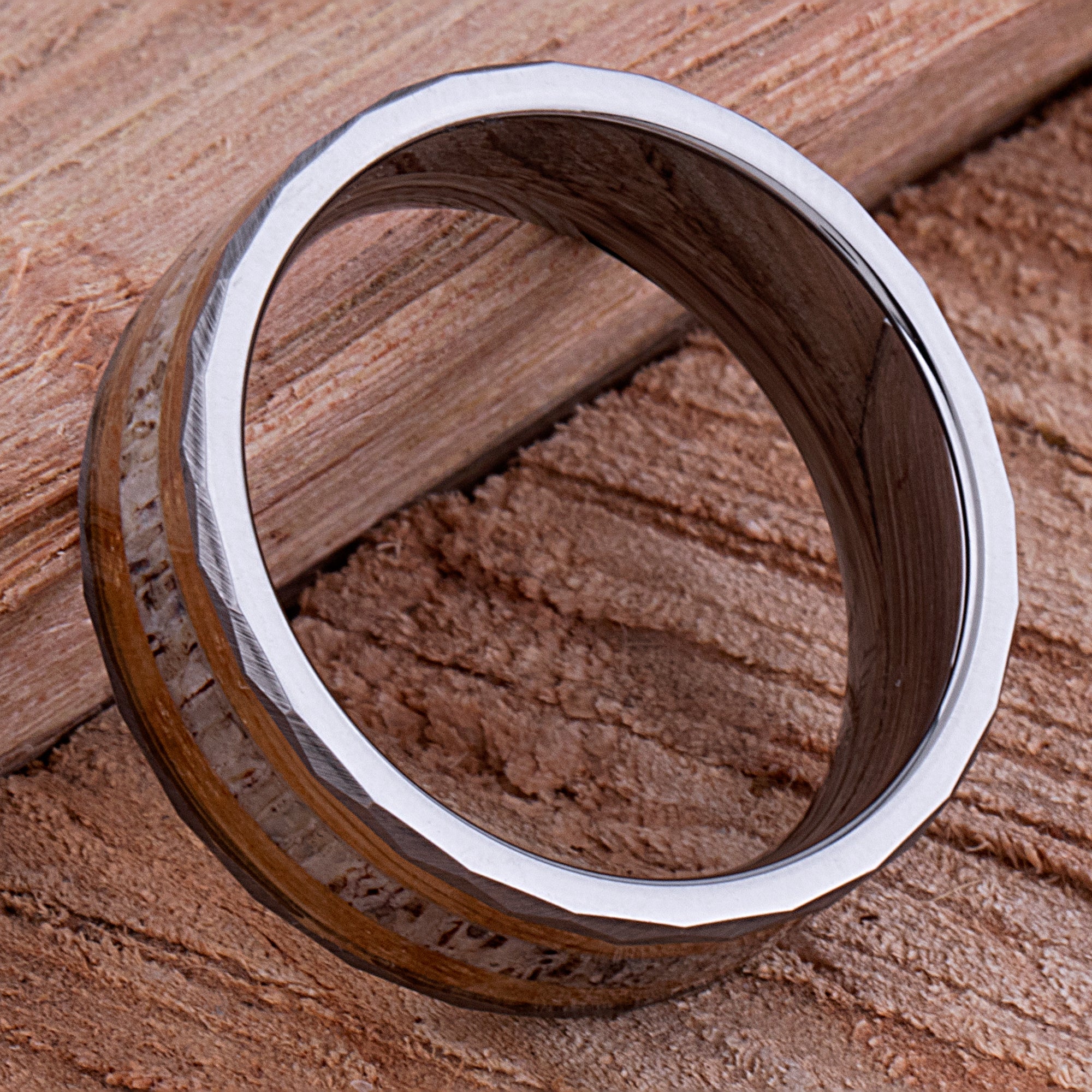 Satin Titanium Wood Lined Ring with Whiskey Barrel White Oak 6mm / 5-14 whole-half-quarter-available-enter in Notes During Checkout