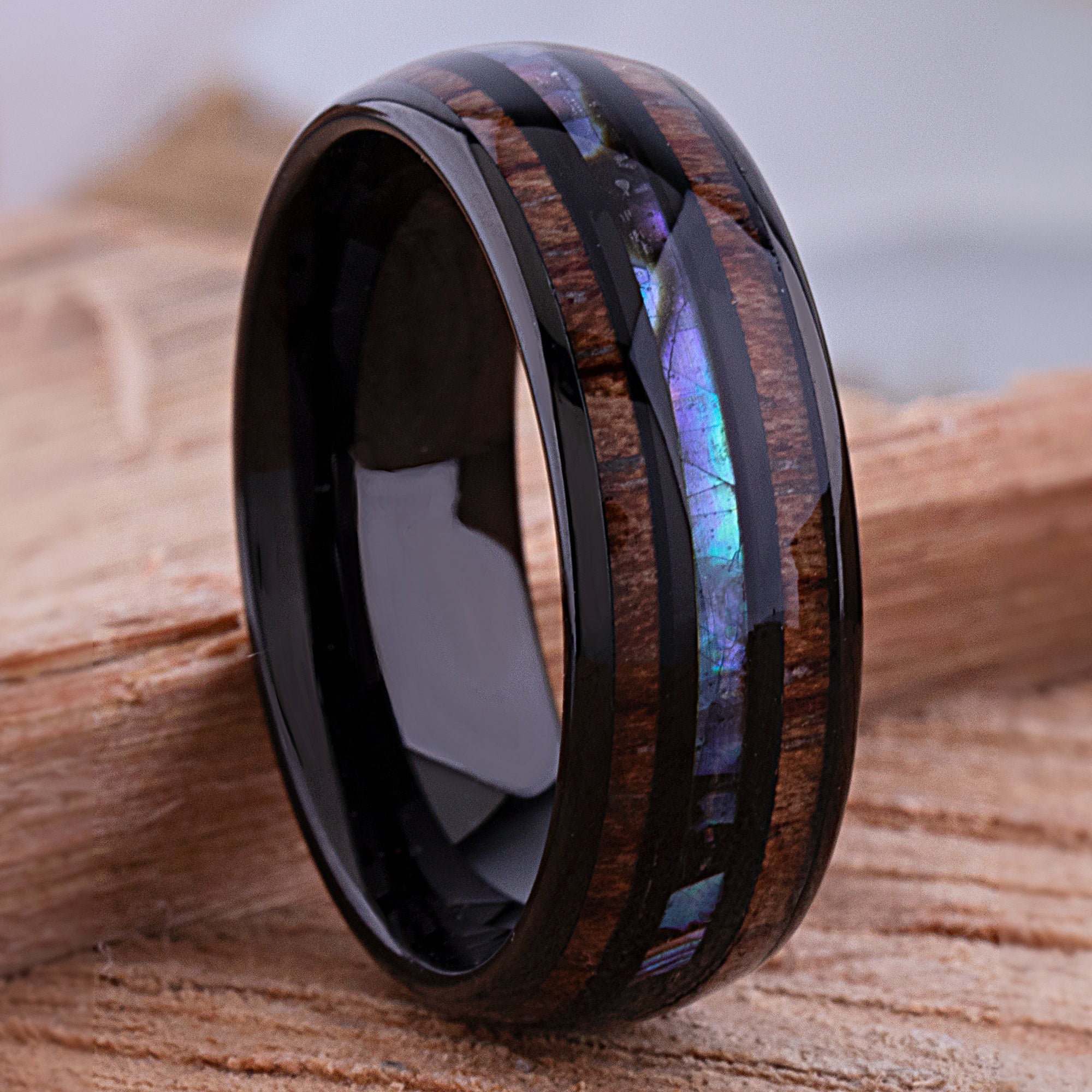 Tungsten Wedding Ring with Koa Wood and Abalone Shell 6mm