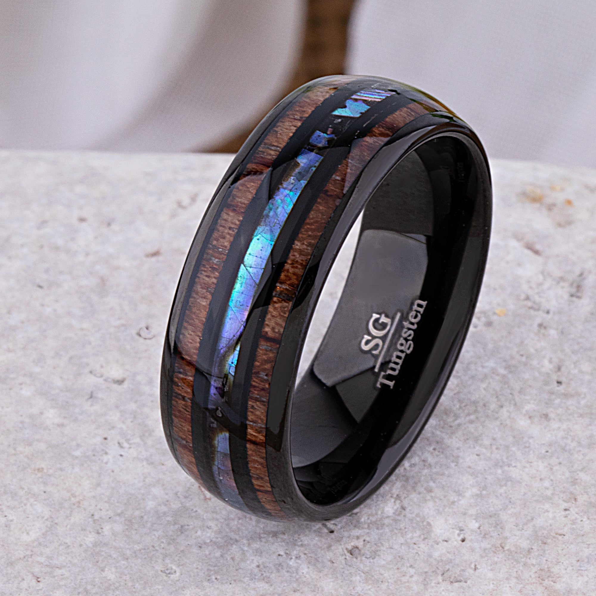 Tungsten Wedding Ring with Koa Wood and Abalone Shell 6mm