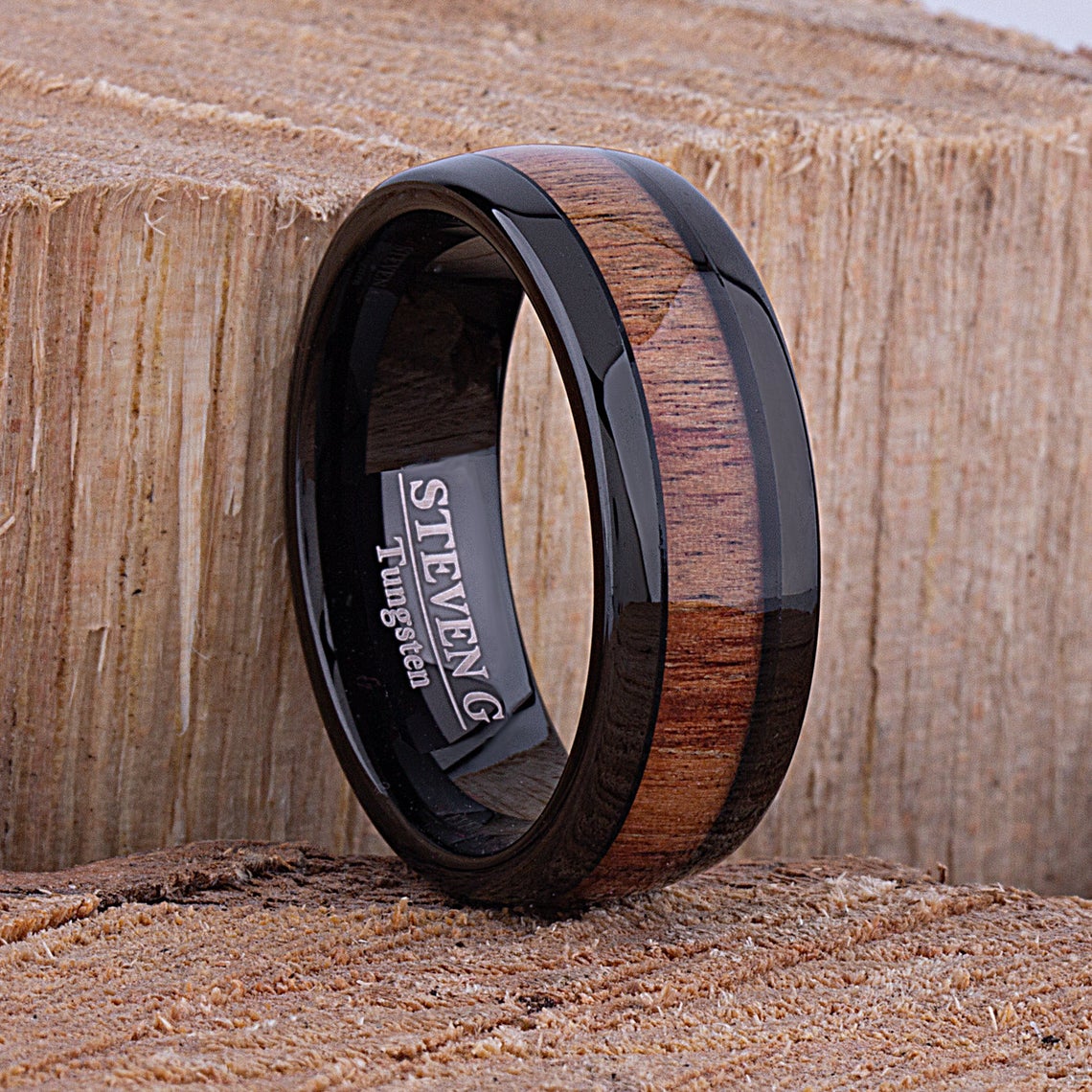 Ceramic Wedding Band with Hawaiian Koa Wood - 8mm Width - CER088 11 1/2 US/CA