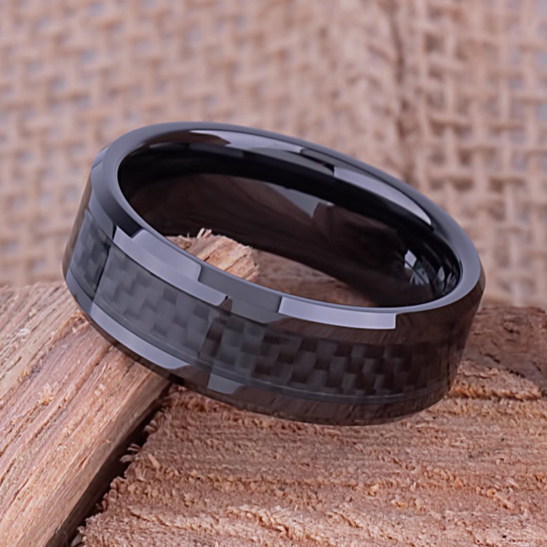 8mm Mens Tungsten Ring Black Carbon Fiber Inlay Mens Metal Rings Carbi – A  Sense of Style