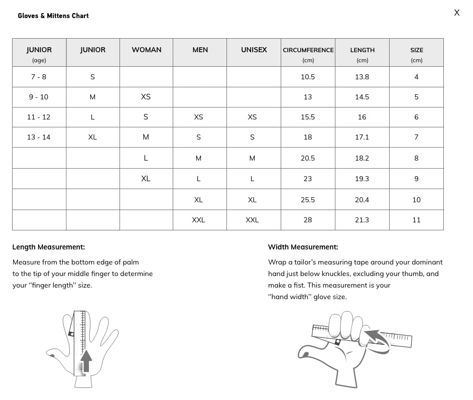 Swix gloves size chart