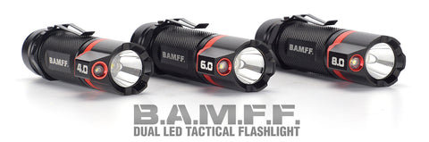 BAMFF group shot featuring the 4.0, 6.0, and 8.0 models of tactical flashlights