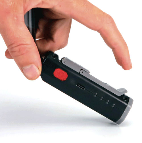 animation of a hand holding the pocket light and using a finger to show the double hinge