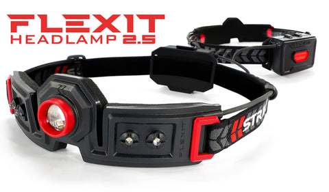 white studio pic featuring a front and a back pose of the FLEXIT Headlamp 2.5 with product title