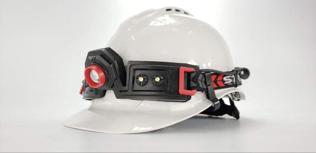 Flexit Headlamp 2.5 mounted on a hardhat studio pic by STKR