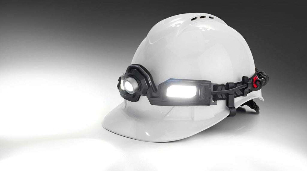 Flexit Headlamp 6.5 pro mounted on a hardhat studio pic by STKR