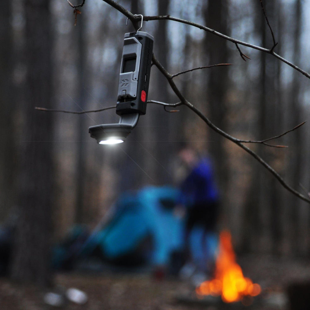 Flexit Pocket Light hanging from small tree branch unfocused camping scene in BG