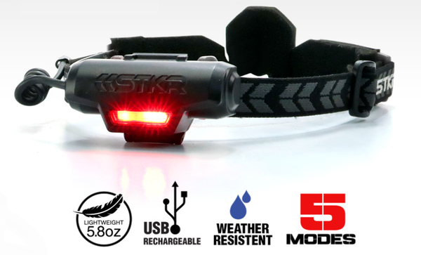 white studio pic of the back of a FLEXIT Headlamp with 4 icons below that read: lightweight 5.8 oz, USB rechargeable, weather resistant, 5 modes.