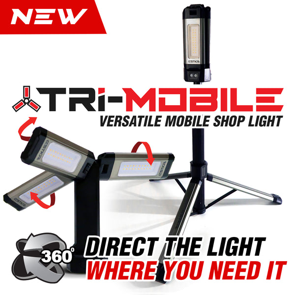 TRi-Mobile poster featuring one by itself and one on a tripod. arrows show the maneuverability of the LED light panels. text reads: versatile mobile shop light. direct the light where you need it