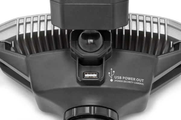 Extreme close up of the USB aux power outlet of the Outdoor Motion Flood Light by STKR Concepts