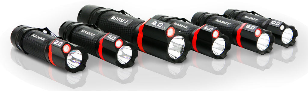 STKR BAMFF tactical flashlight lineup featuring 6 flashlights on white with reflections