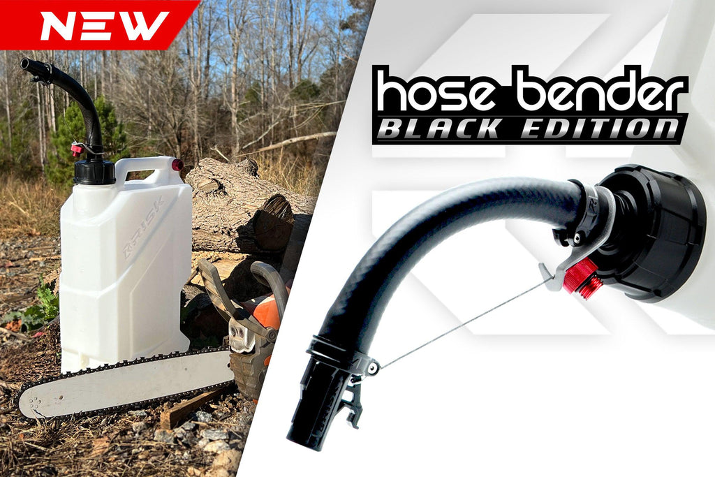 hose bender black edition poster featuring a studio pic and a lifestyle image with an EZ5 utility jug next to a chainsaw in the woods