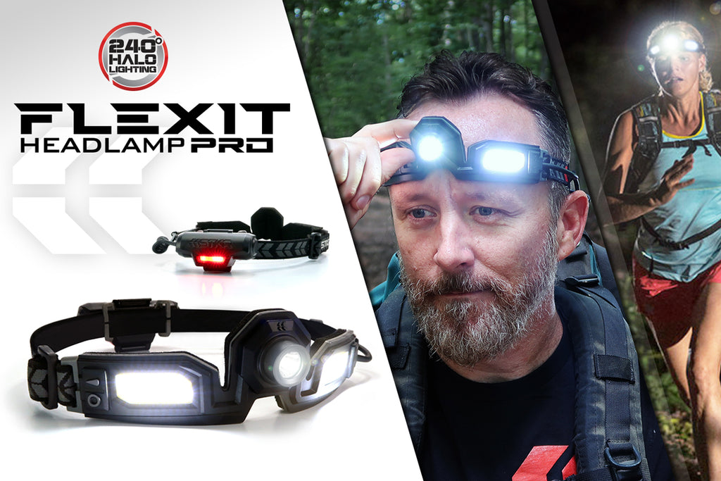 FLEXIT Headlamp Pro banner featuring 2 use pics and 1 studio shot.