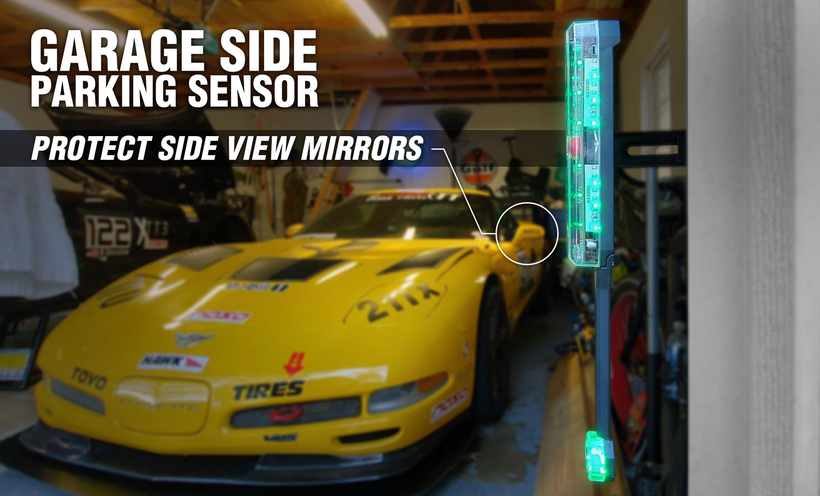 Garage Parking Side Sensor poster featuring a corvette in a garage