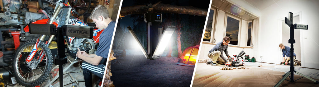 Tri-Mobile use images showing it in a moto garage, a camping scene, and a home renovation scene