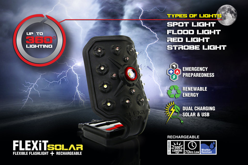 Póster de emergencia solar FLEXIT que muestra la linterna frente a un tornado. Imagen cubierta de texto que dice: iluminación de hasta 360 grados. Tipos de luces: Foco, Foco, Luz roja, Luz estroboscópica. Preparación para emergencias, energía renovable, carga dual solar y USB