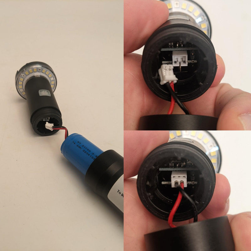 3 pic collage showing how to plug in the battery when you first get your FLi-PRO
