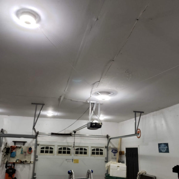 well lit garage with MPI Motion activated garage light LED