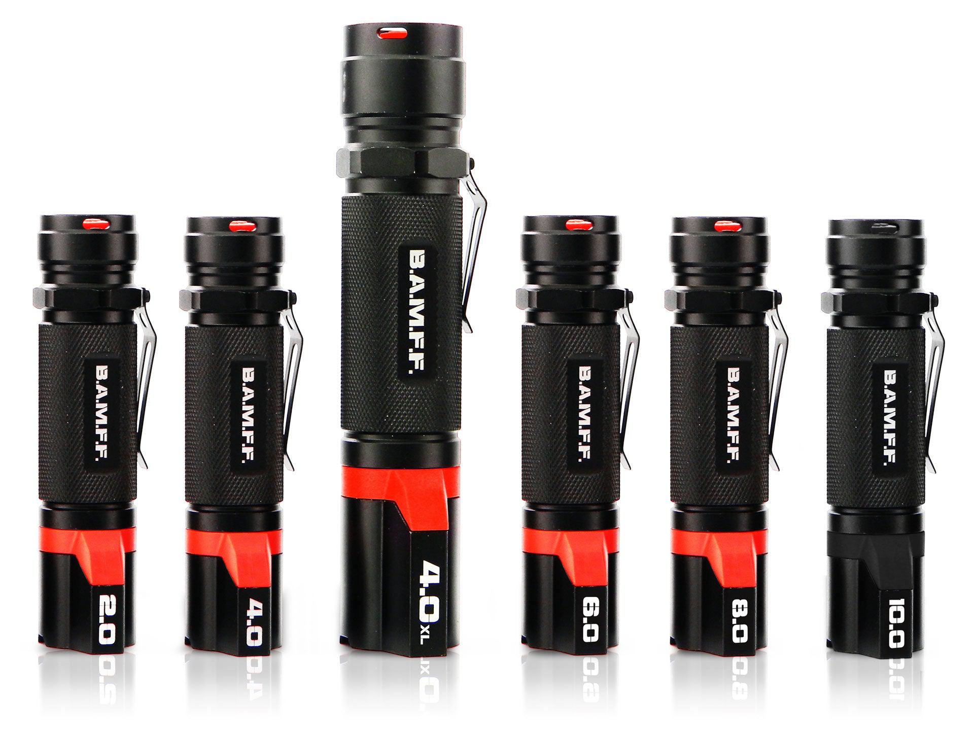 The BAMFF family of tactical flashlights all lined up in a row neatly. 6 flashlights total. The 2.0, 4.0, 6.0, 8.0, and 10.0 are all the same height. The 4.0XL is taller than the rest by 2 and a half inches.