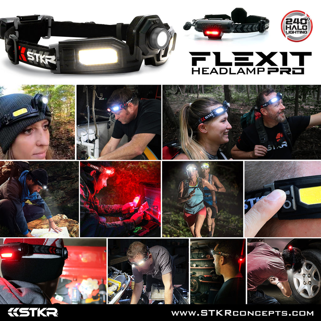 Póster FLEXIT Headlamp Pro 6.5 con múltiples fotografías de estilos de vida en un gran collage