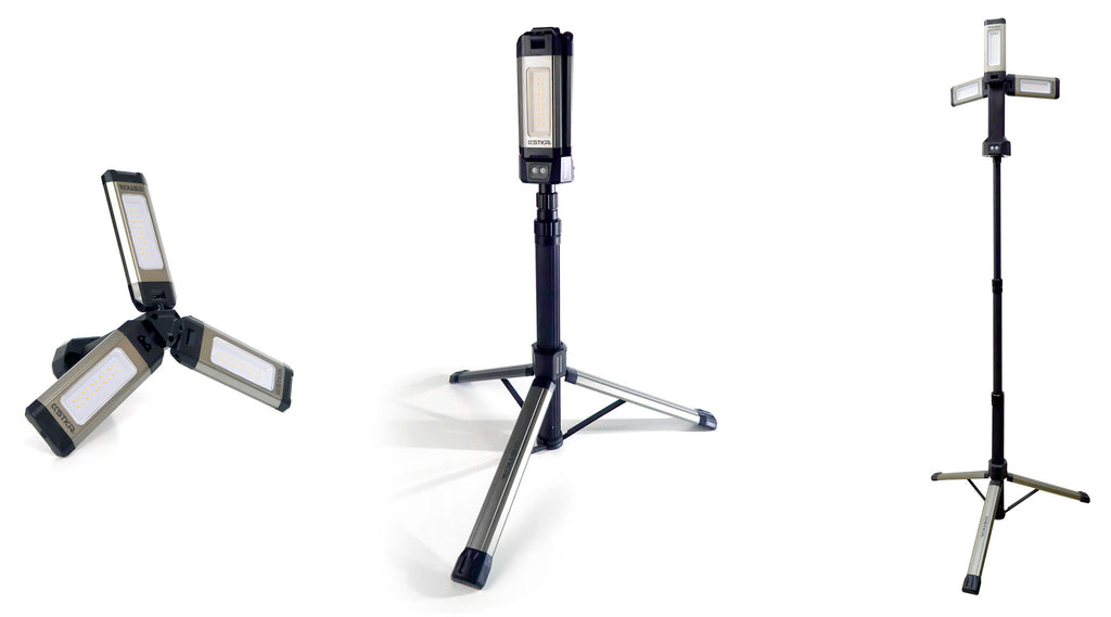 3 poses of the TRi-Mobile Area Work Light. 2 with a tripod and 1 without. All on white studio backgrounds.