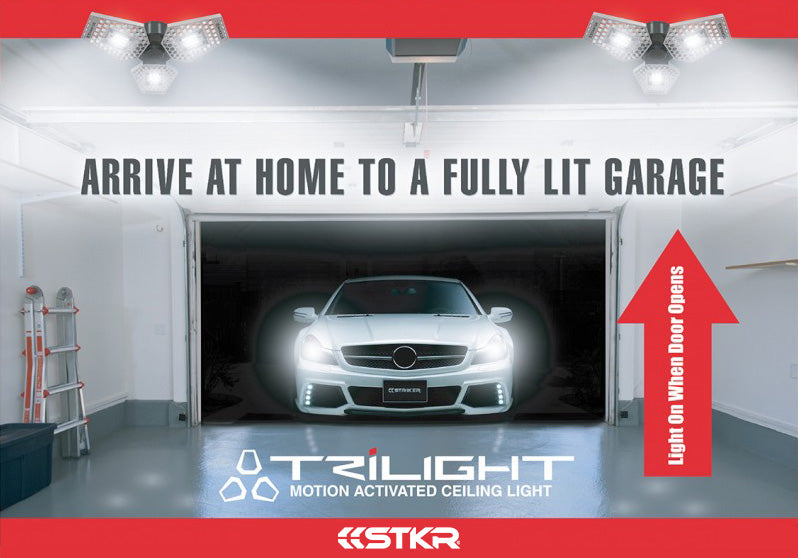 Trilight garage use poster featuring a car just barely peeking into a garage lit by two Trilight motion sensing deformable light bulbs