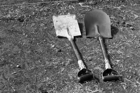 two small shovels sitting on the ground
