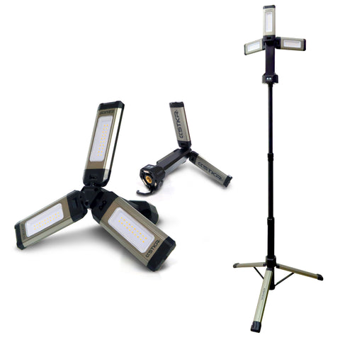 3 tri mobile area work lights posing against a white studio background