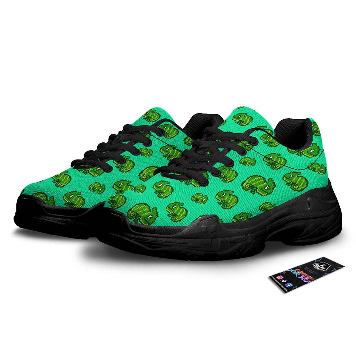 8 Bit Pixel Green Chameleons Print Pattern Black Chunky Shoes