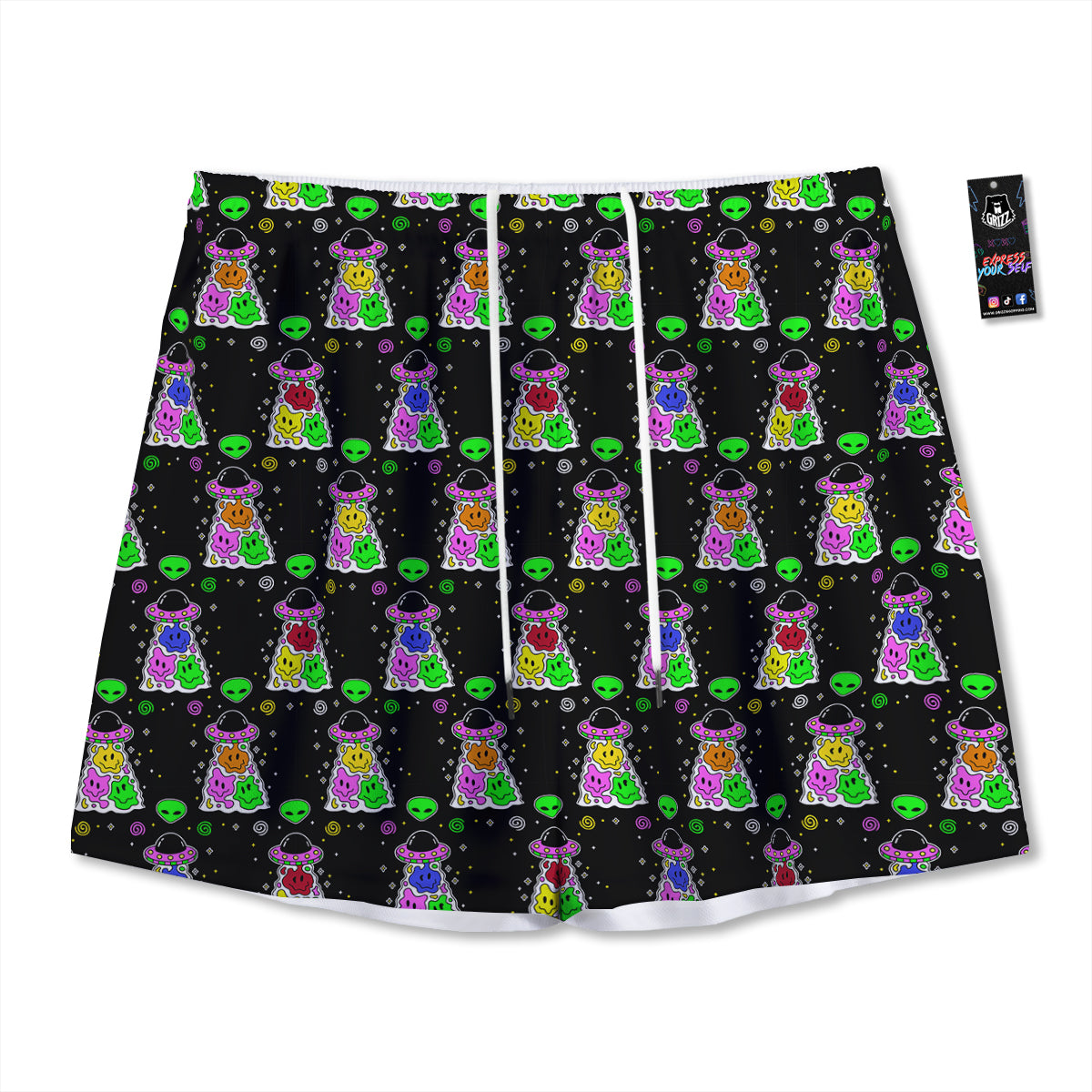 Alien And UFO Trippy Print Pattern Mesh Shorts