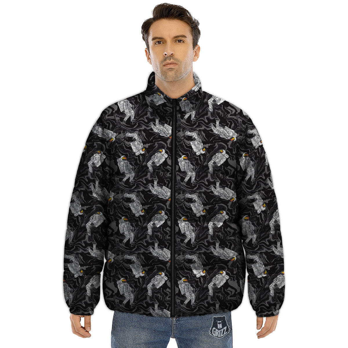 Astronaut Floating In Space Print Puffer Jacket
