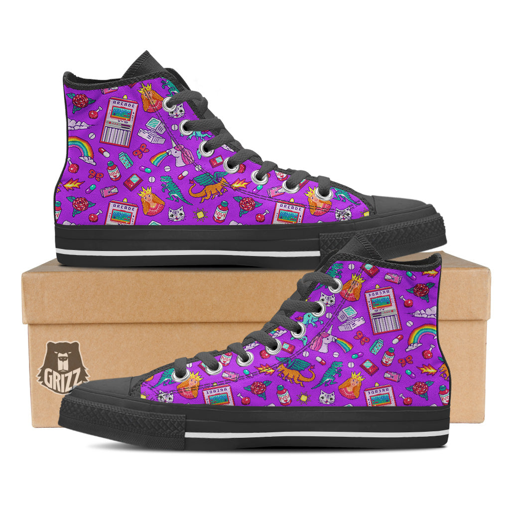 Pixel Art 8 Bit Pink Print Pattern Black High Top Shoes – Grizzshopping