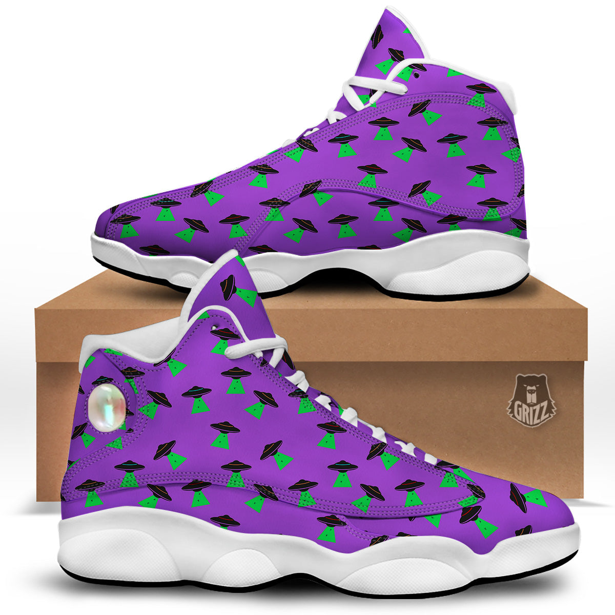 Purple UFO Alien Spaceship Print Pattern White Basketball Shoes ...