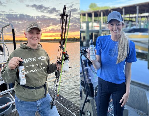 boy and woman holding ranger ready bug spray while fishing