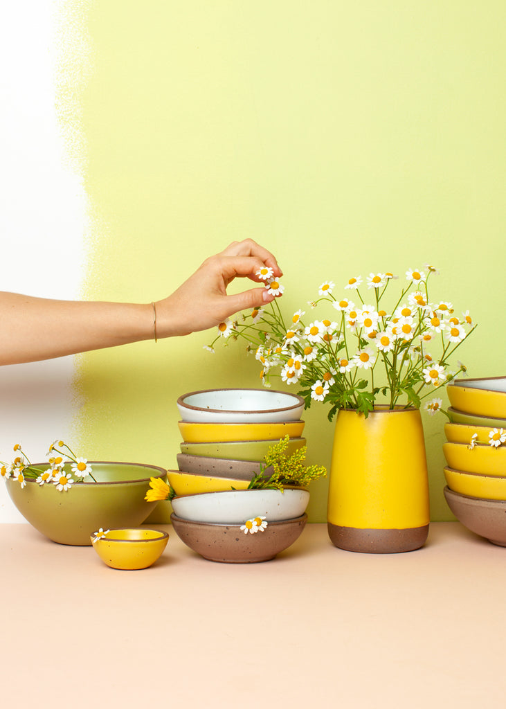 Yellow, Green and Tan pottery with flowers