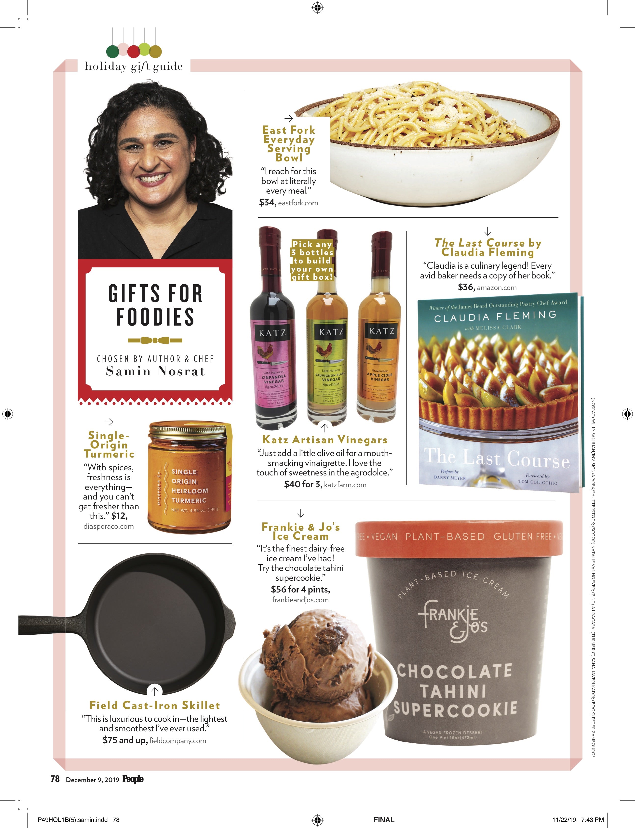 People Magazine's 2019 Gift Guide, chosen by Samin Nosrat (Author & Chef). The guide includes East Fork Pottery's Everyday Bowl in Eggshell, along with other cooking-related items great for gift giving. 